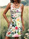 Women's Sleeveless Crew Neck Tank Mini Dress, Cute Floral Print, Loose Casual Summer Vacation Daily Dress