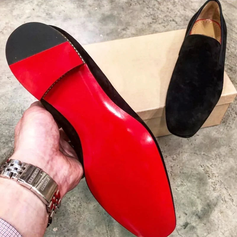 RED SOLE - Men's Luxury Red Bottom Loafers - Flock Slip-On Party Dress Shoes
