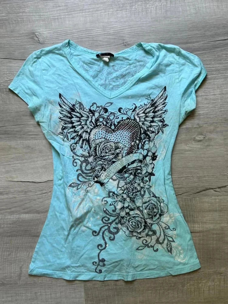Gothic Subculture Skull Graphic Print T-Shirts Women Y2k Vintage High Street Short Sleeve Tees Harajuku Punk Grunge Fashion Tops