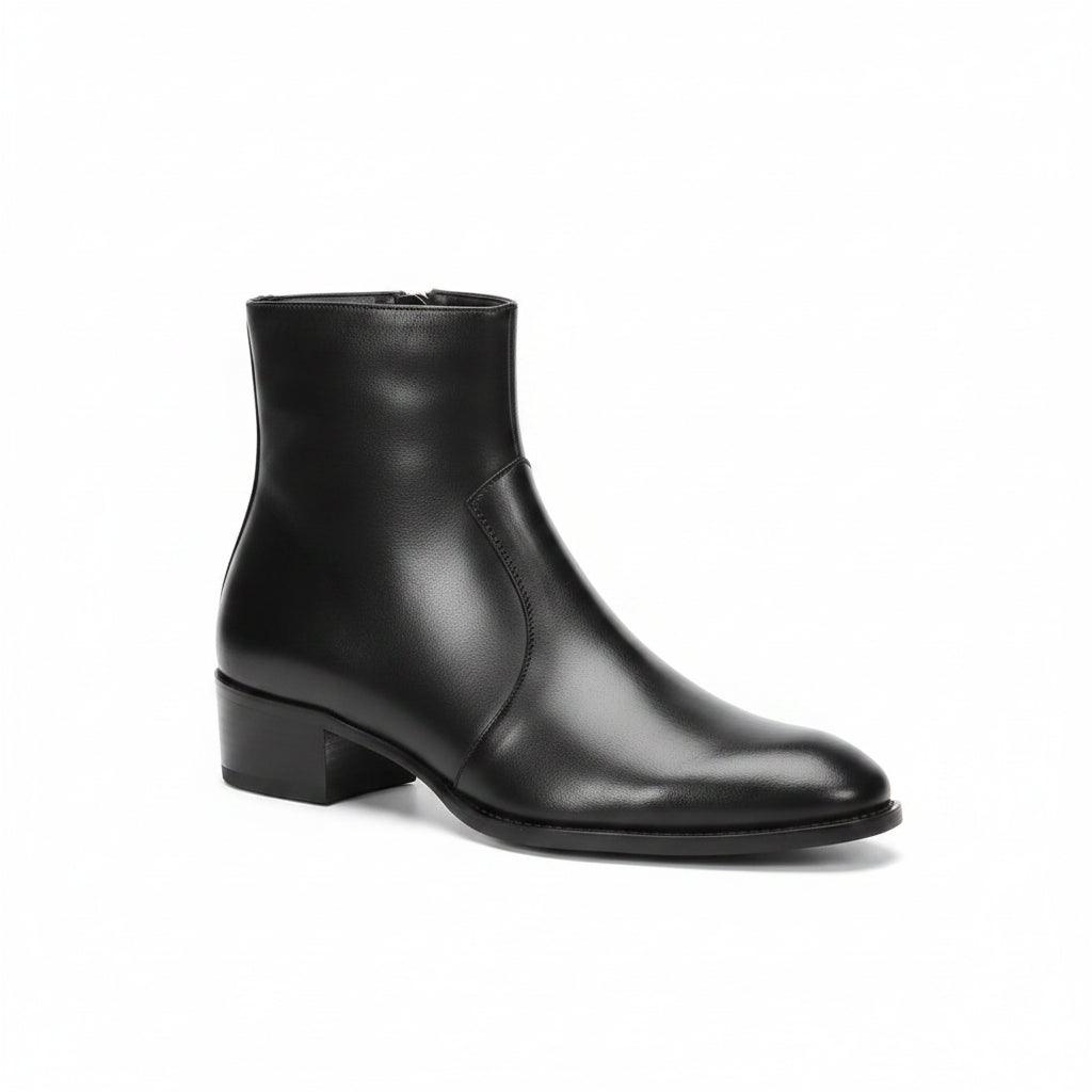 Men's Genuine Leather Ankle Boots - Handmade Pointed Toe Zip Medium Heel Business Style