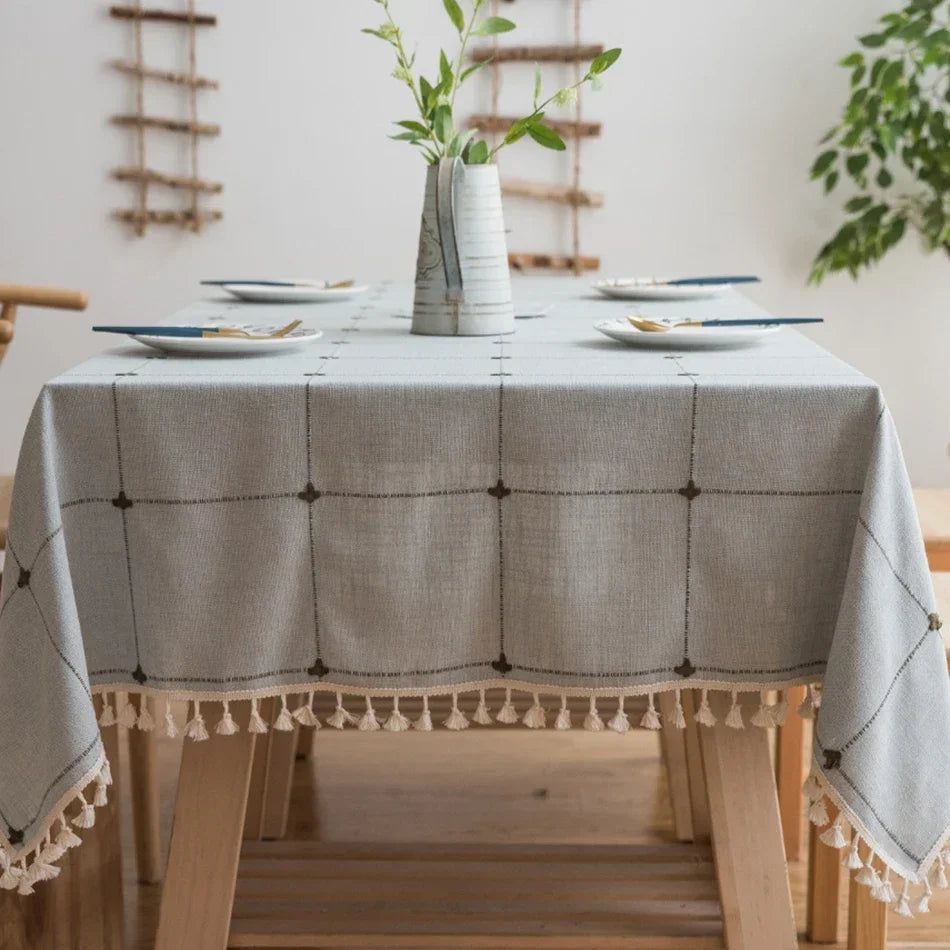 EMBROIDERED LINEN TASSEL TABLECLOTH - Handmade Cotton Linen Cover - Soft & Elegant