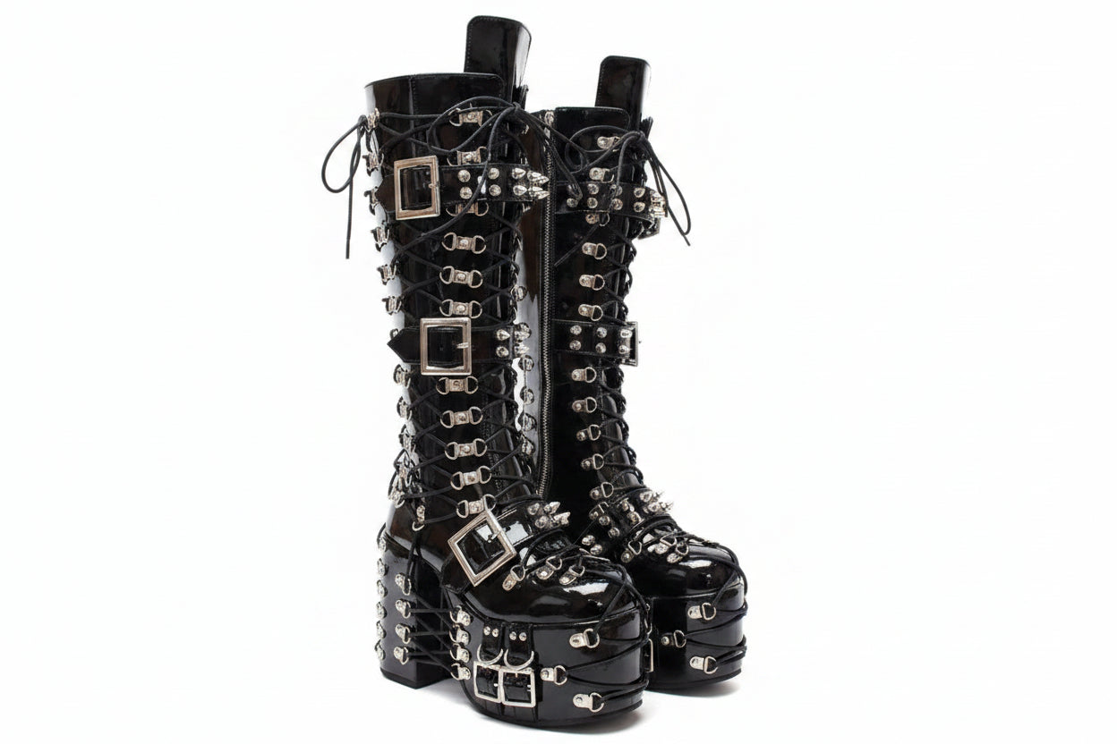 Y2K Gothic Platform Knee-High Boots – Lace-Up