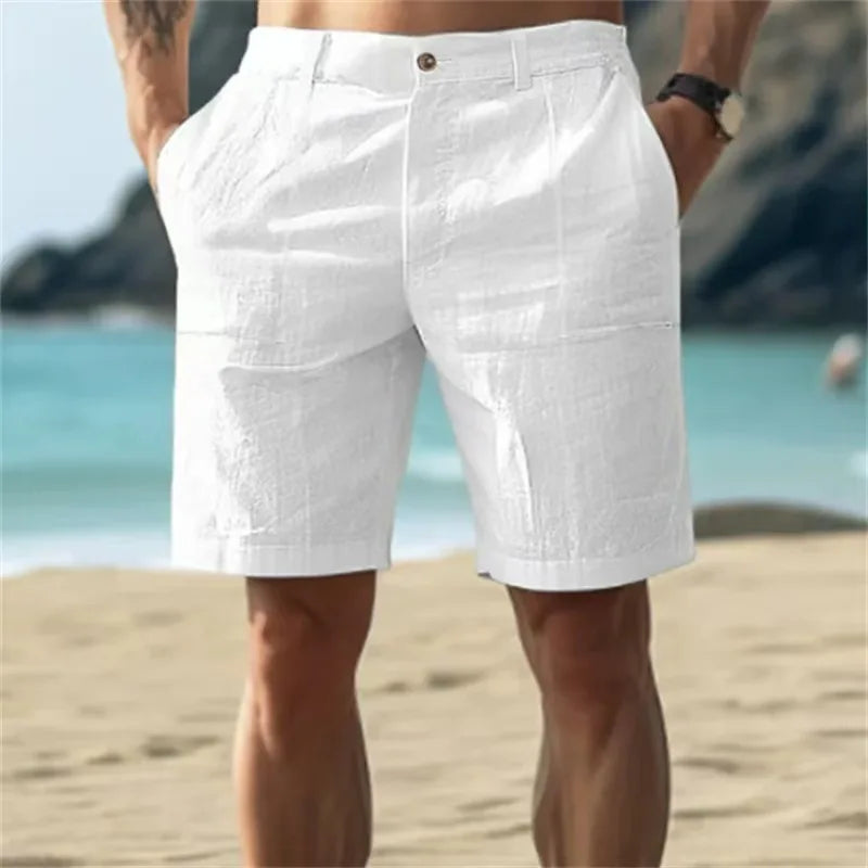 2025 Men's Solid Color Casual Short Pants Linen Beach Breathable Comfortable Straight Short Trousers Hawaiian Holiday Men's Pants