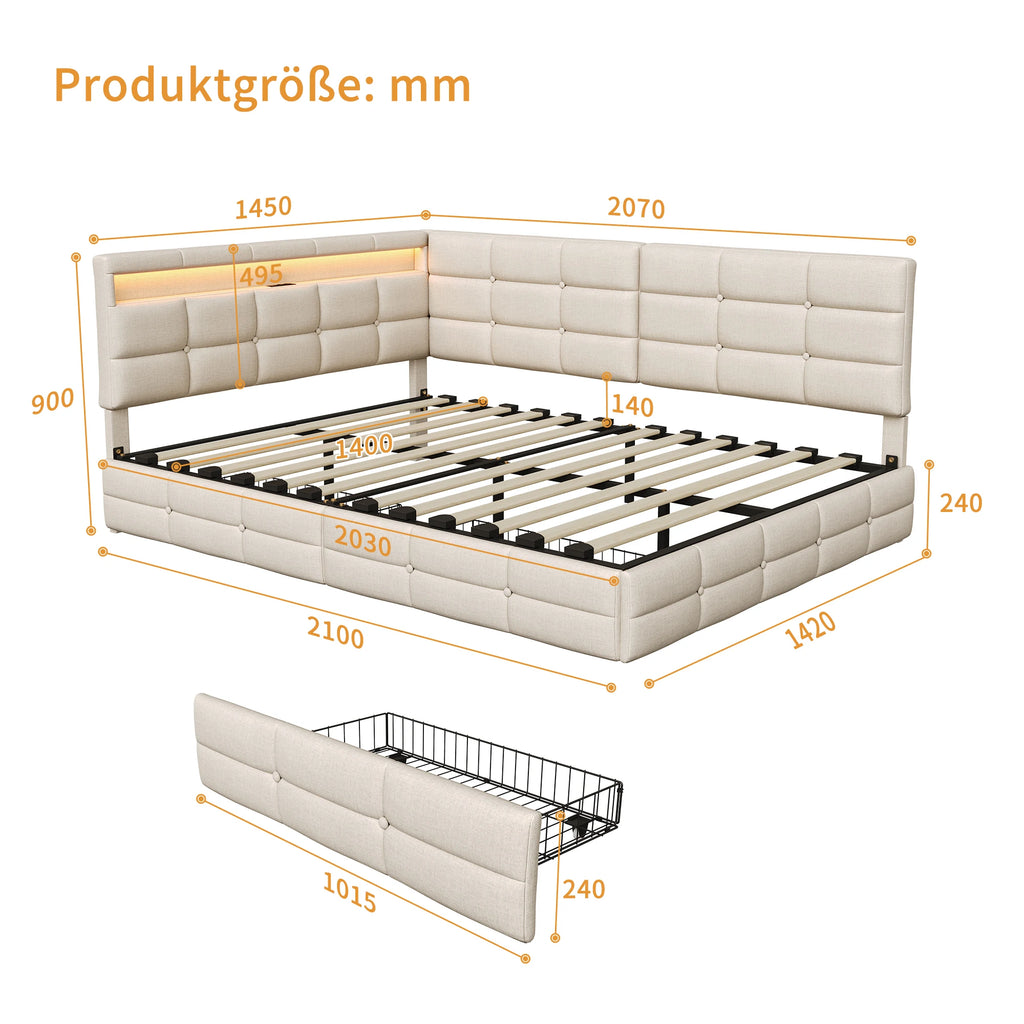 L-Shaped Upholstered Bed Frame – USB, LED & Storage