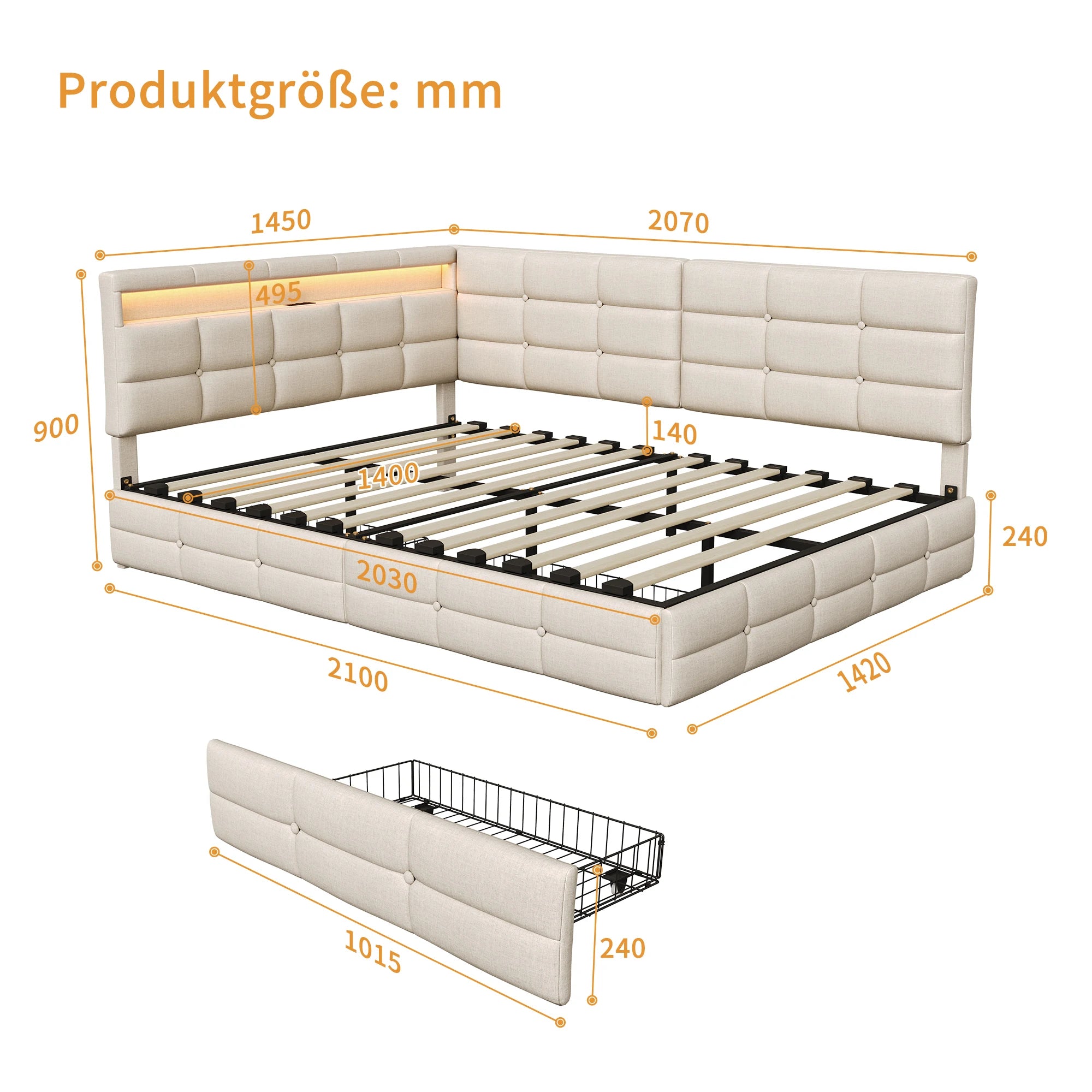 L-Shaped Upholstered Bed Frame – USB, LED & Storage