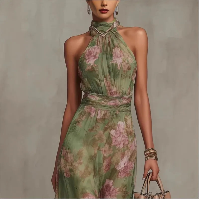 Women's Green Floral Print Halter Maxi Dress Sleeveless High Neck Ruched Waist Chiffon Flowy Evening Party Dress