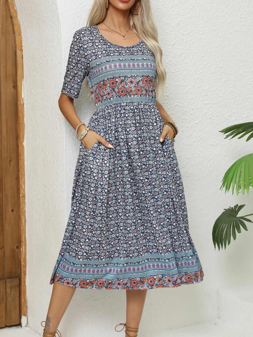 2024 Europe and America autumn ladies round neck short sleeve long skirt Bohemian print dress woman