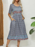 2024 Europe and America autumn ladies round neck short sleeve long skirt Bohemian print dress woman