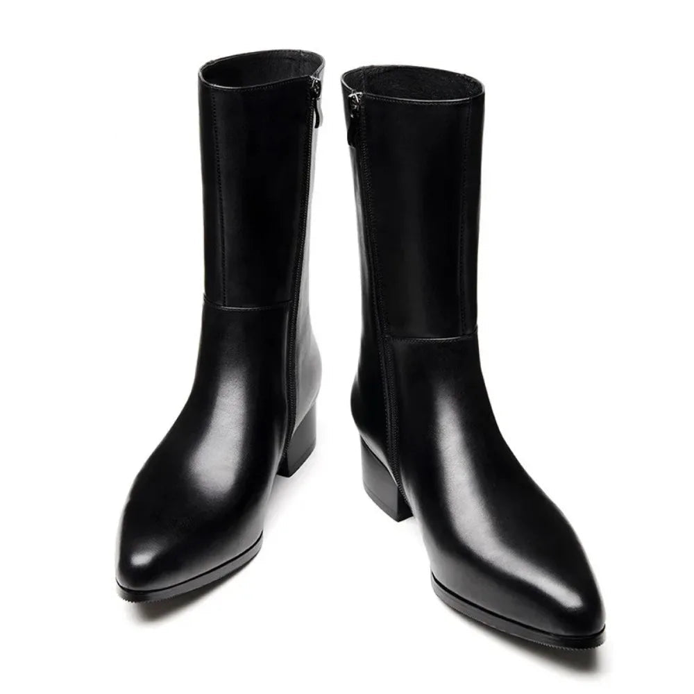 British Luxury Mid-Calf Dress Boots - Genuine Leather Pointed Toe Zip Handmade