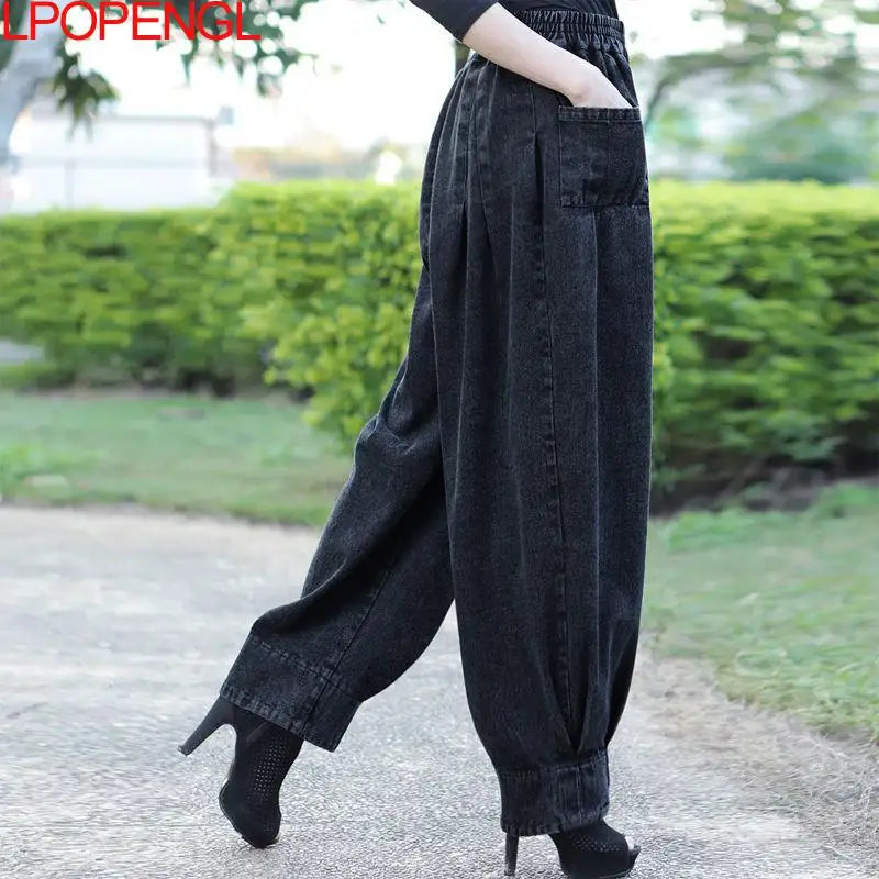 Pleated Wide Leg Pants – High Waist Elastic Casual Vintage