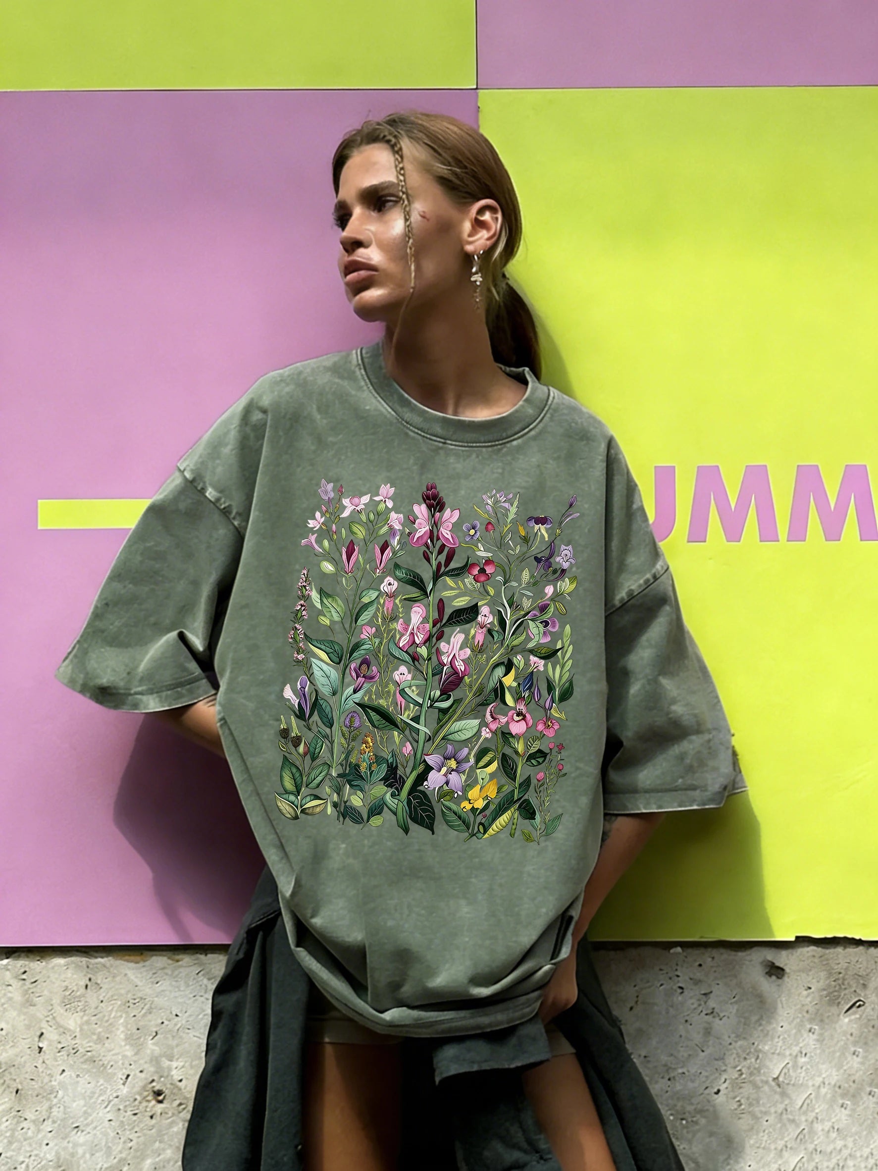 Having Different Beautiful Flowers Print Women Washed T Shirt Summer Loose T-Shirt Crewneck Cotton Clothes All-Match Streetwear