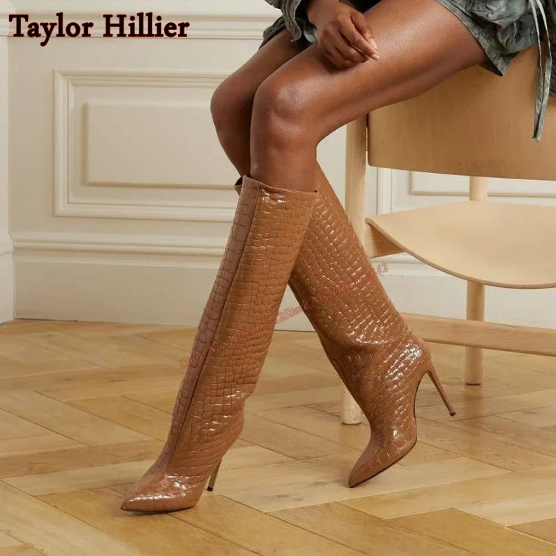 Croc-Embossed Knee-High Stiletto Boots