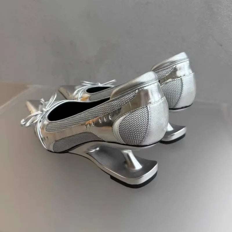 New Bow Mary Jane Sport Retro Pointed Toe Shallow Mouth Splice Surface Suspension Heel Anti-Slip Wear-Resistant High Heels