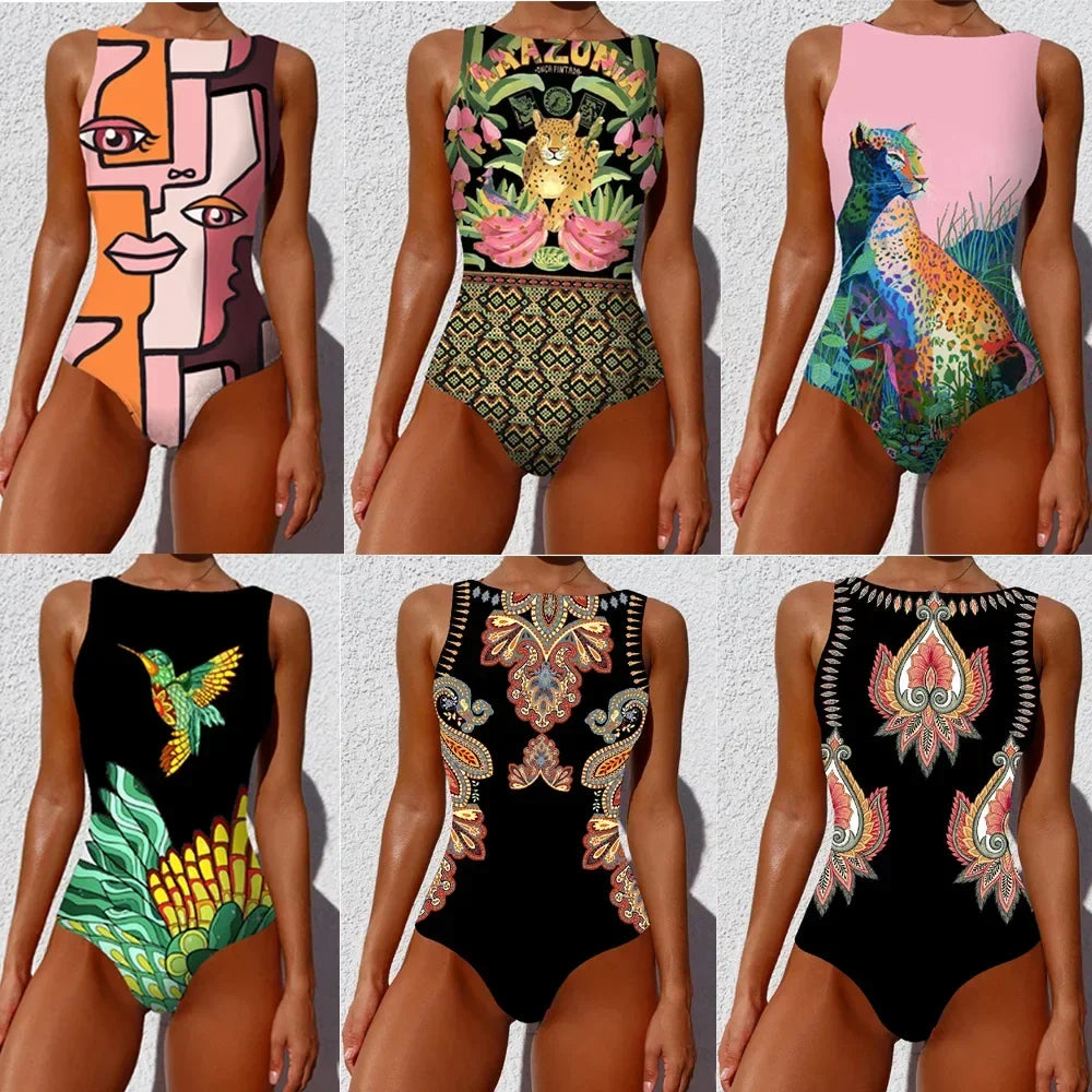 2026 New Printed One-piece Swimsuit Classic Printed Lace Up Swimsuit Women's Push Up Flower One-piece Suit Beach Wear For Female