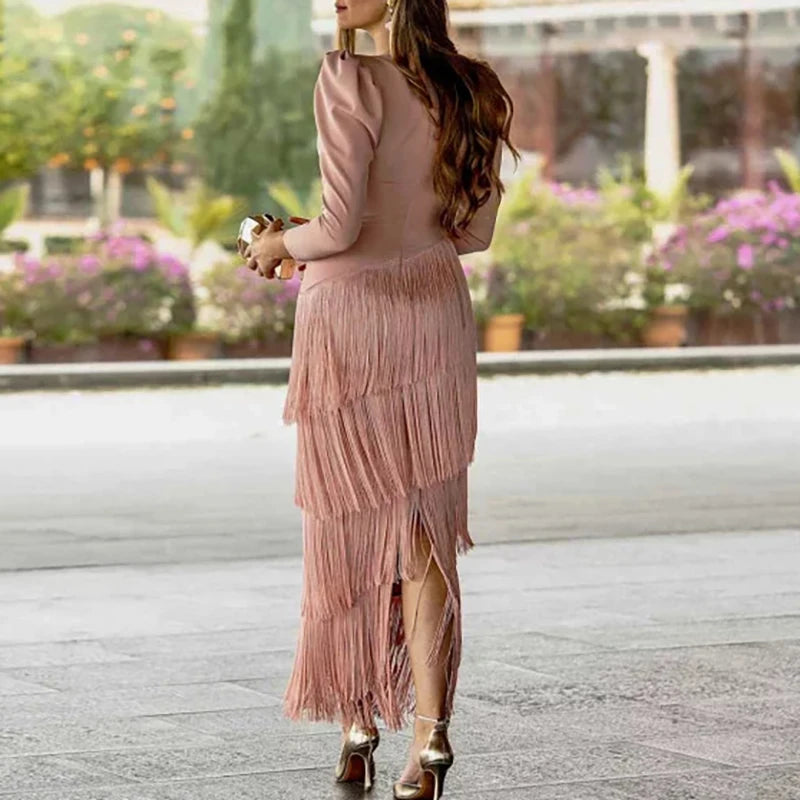 Long Sleeve Spliced Tassel Party Dresses Woman Elegant Deep V Neck Sheath Long Dress Fashion Solid Pleated Bohemian Dress