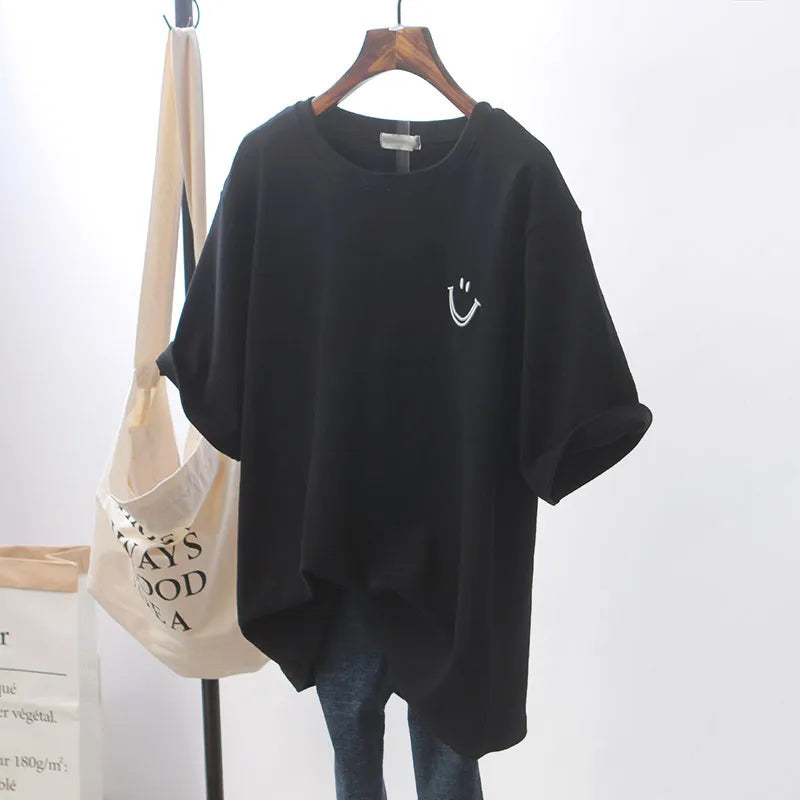 1pcs Girl Summer Smile Print T-shirts Women Classic Basic Fashion Tees Students Short Sleeve Loose Tops Female Round Neck Tshirt