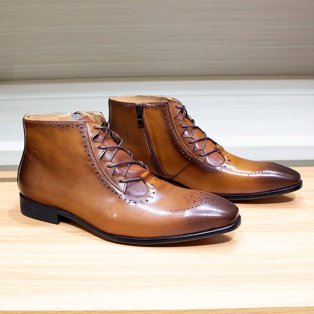 Genuine Leather Ankle Boots - Lace Up Zip British Style Dress Oxford Pointed Toe