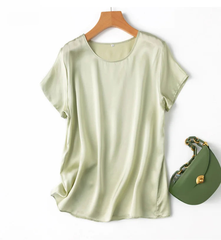 100% Mulberry Silk 19 Momme Charmeuse Silk Women Tank Top T-shirt Short Sleeve Shirt Blouse Solid Colors Summer M L XL AA4270