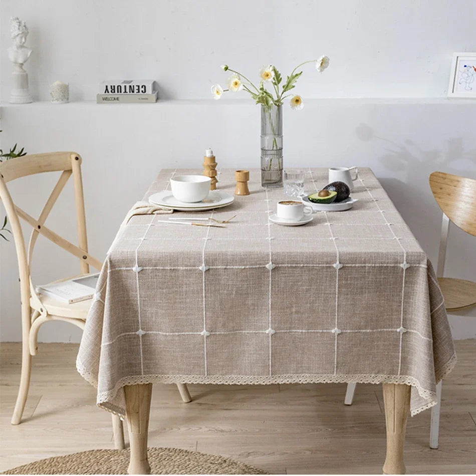 EMBROIDERED LINEN TASSEL TABLECLOTH - Handmade Cotton Linen Cover - Soft & Elegant