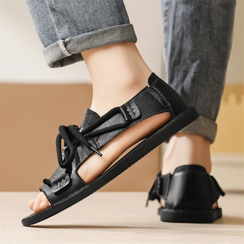 Sandals Summer Fashion Leather Comfortable Flat Roman Sandals Soft Quick Drying 2026 New Outdoor Casual Beach Shoes Men