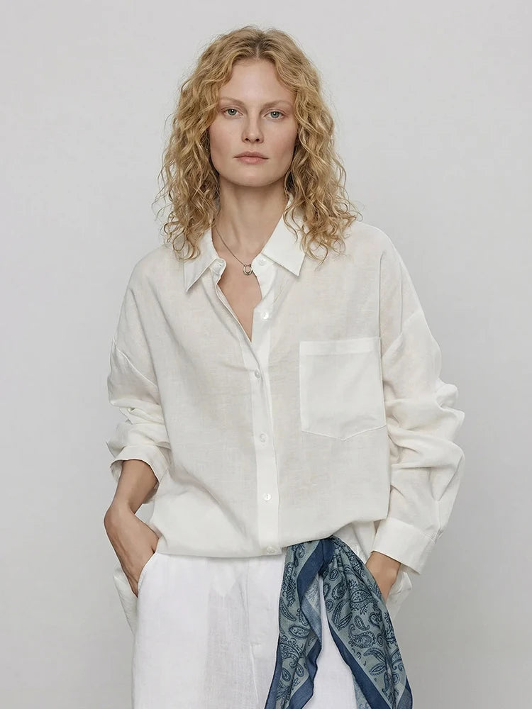 Streamgirl Summer White Linen Shirts For Women Oversized Long Sleeve Tops Lady Loose Basic Linen Tops Women Blue Shirts Oversize