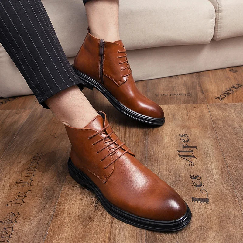 Men's Business Ankle Boots - Lace-Up Side Zipper PU Leather Round Toe Low Heel