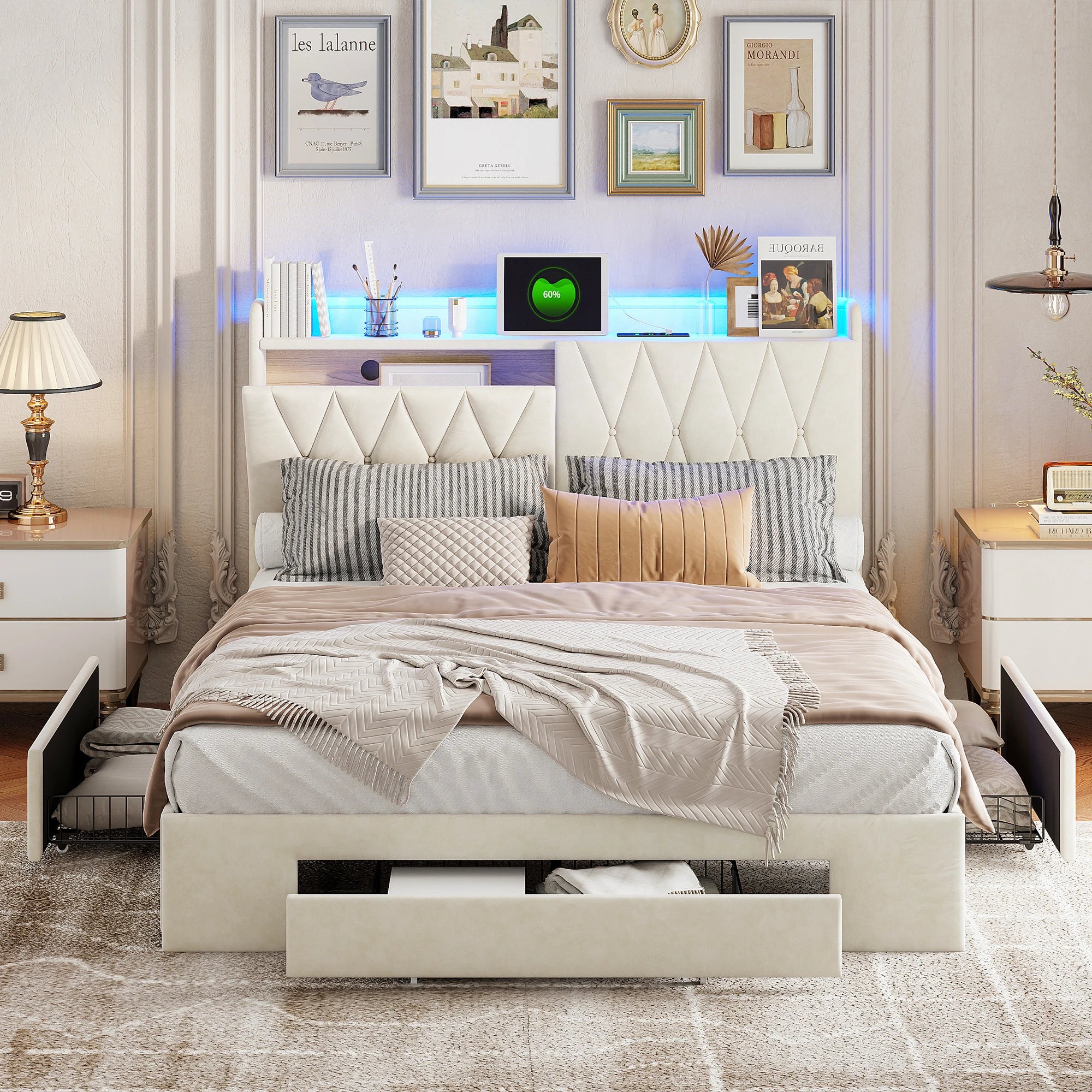VELVET HAVEN - Upholstered Storage Bed - LED, USB Charging, 3 Drawers