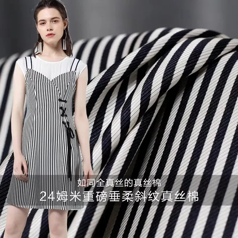 NAVY STRIPE SILK COTTON FABRIC - Tricot Woven, 135cm Wide - Soft Drape