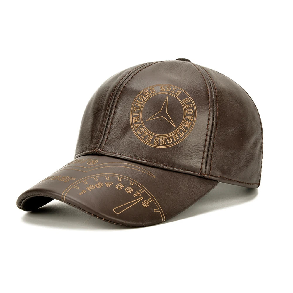 COWHIDE LEATHER BASEBALL CAP - Men's Genuine Leather Hat with Ear Protection Adjustable - Brown / Coffee