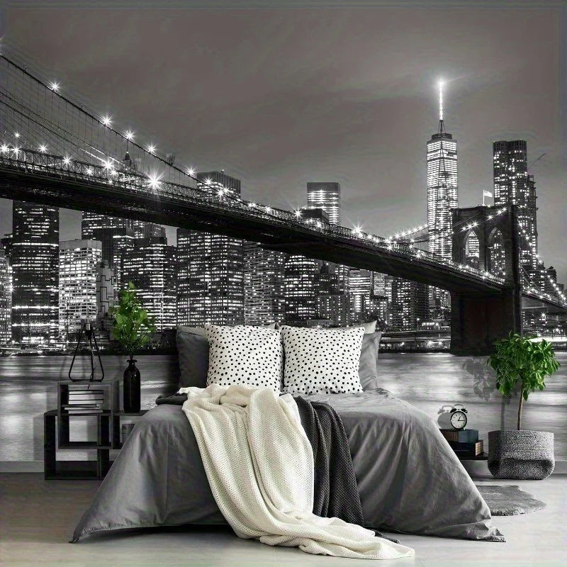 CITY LIGHTS NIGHT TAPESTRY - B&W Urban Print, 9 Sizes - Dark Walls
