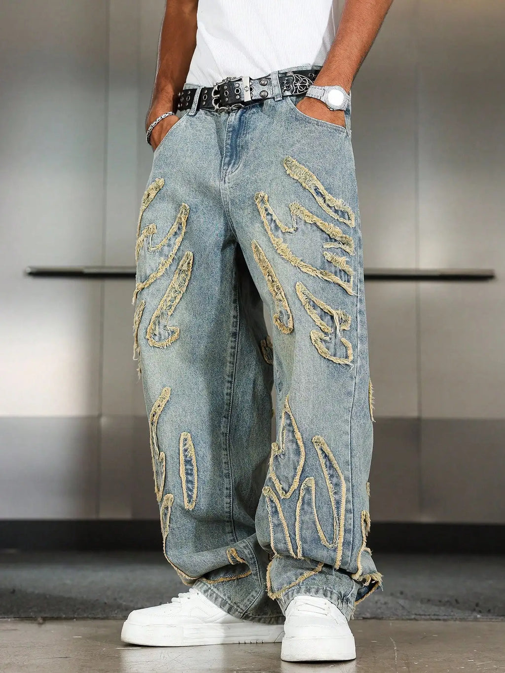 Men's Patchwork Frayed Denim Jeans - Wide Leg Streetwear - Embroidered High Street