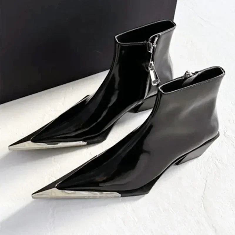 Metal Toe Chelsea Boots – Pointed Chunky Heel Side Zip