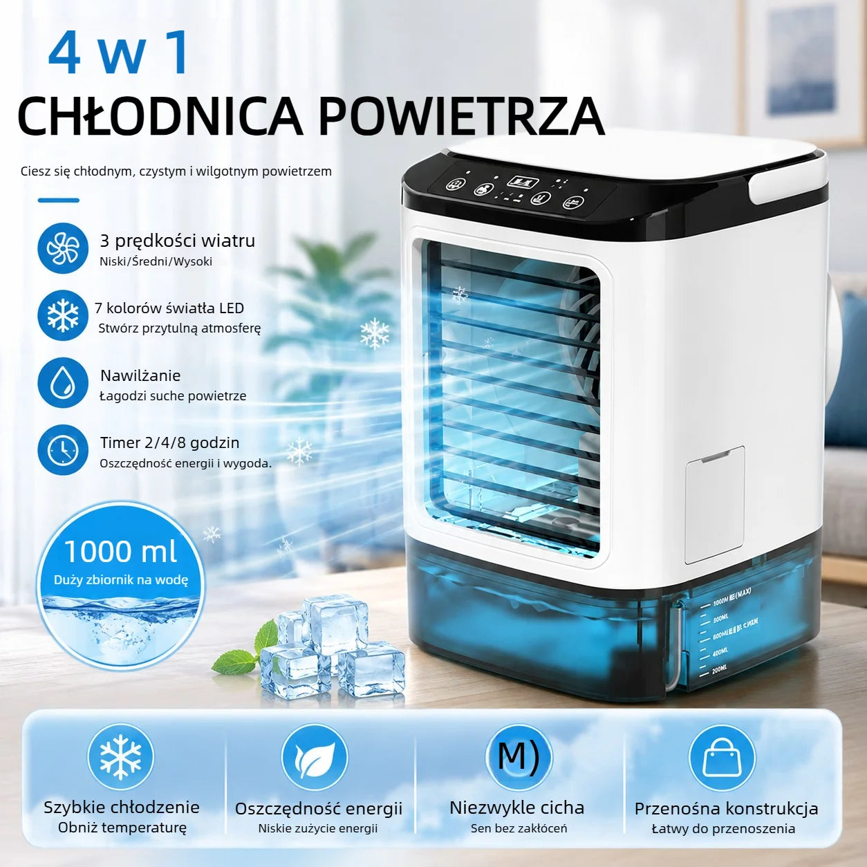 Portable Mini Air Conditioner – 900ml Mist Cooler Fan Humidifier Night Light