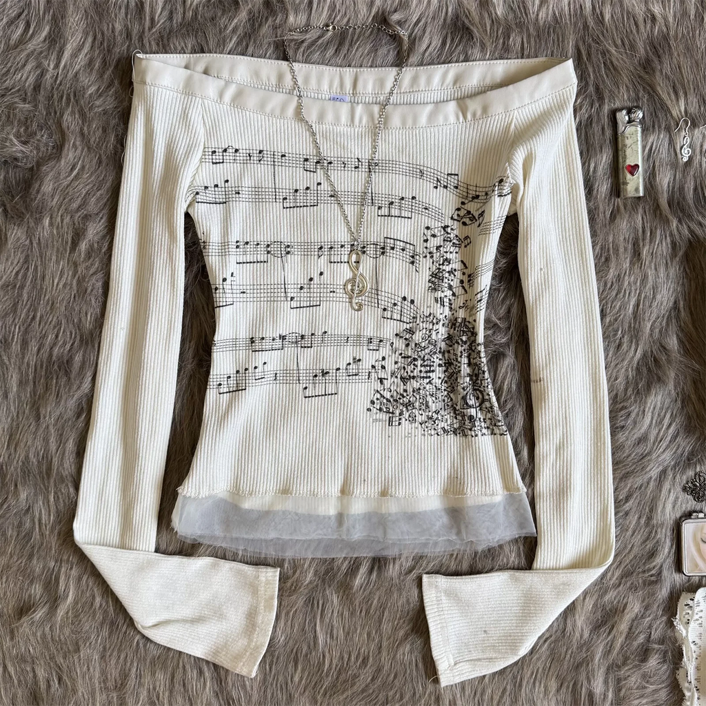 Women Y2K Graphic Long Sleeve Top Off Shoulder Music Score Tee Shirt Aesthetic Fairy Grunge T-Shirt 2025 Fall Streetwear