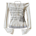 Falling Notes Concerto - White Off-Shoulder Ribbed Music Score Long Sleeve