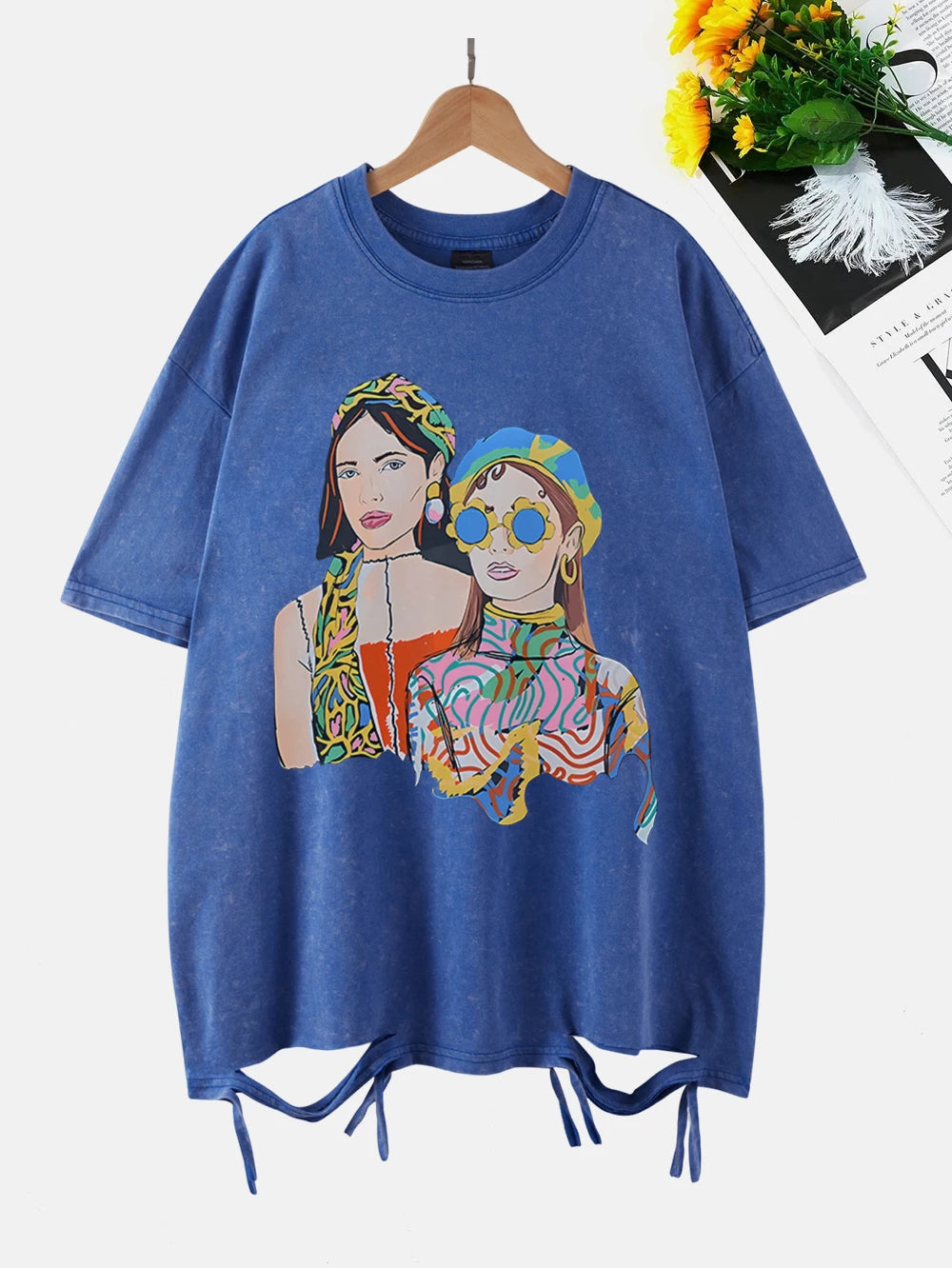 City Girls Art Print Washed T-Shirt - Oversize Acid Black