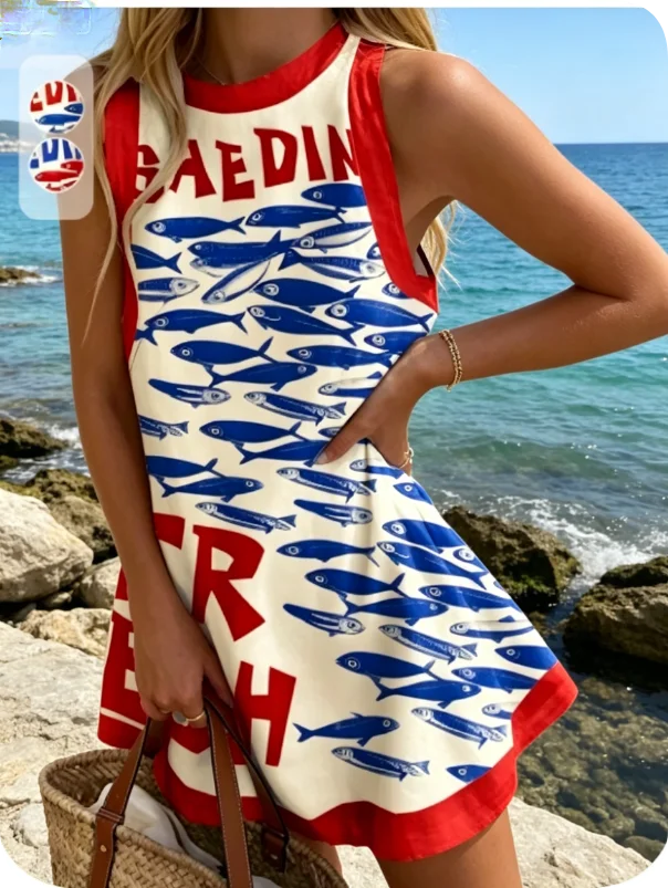 Summer New Print Dress Women's Fashion Elegant Casual O Neck Sleeveless Holiday Beach Party Shirt Dresses For Women Robe Femme