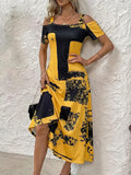 Plus Size Yellow Black Abstract Print Cold Shoulder Maxi Dress Summer Casual Short Sleeve A Line Flowy Long Sundress