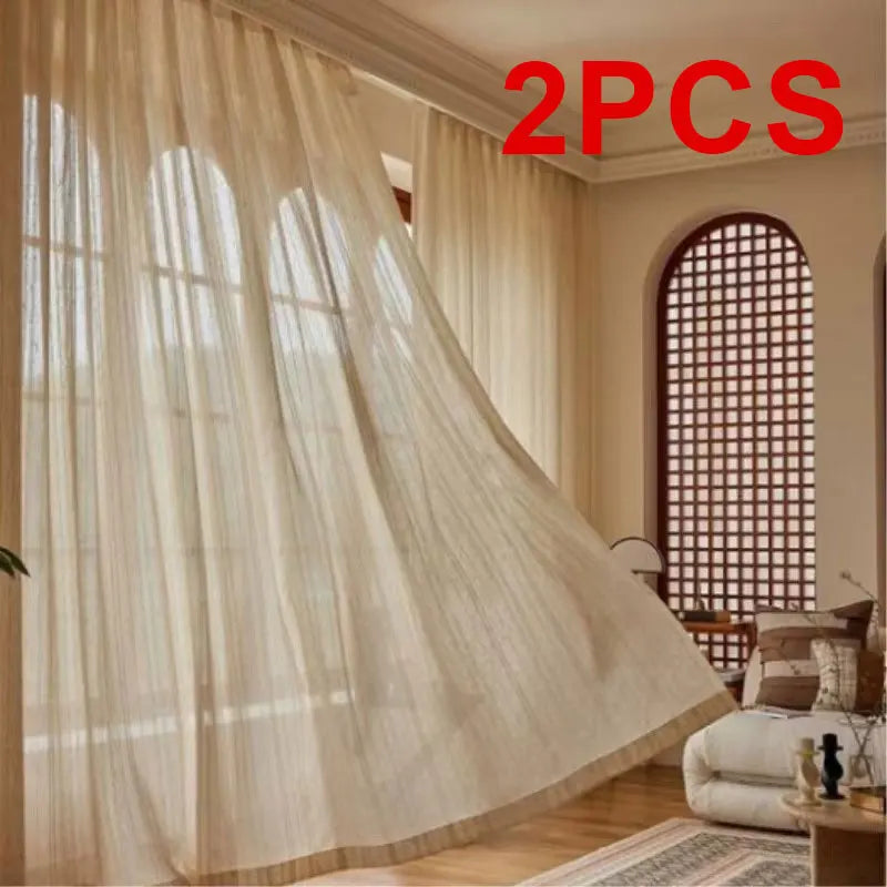 STRIPED SHEER CURTAINS - Soft Linen-Look Gauze Panel - Light & Airy