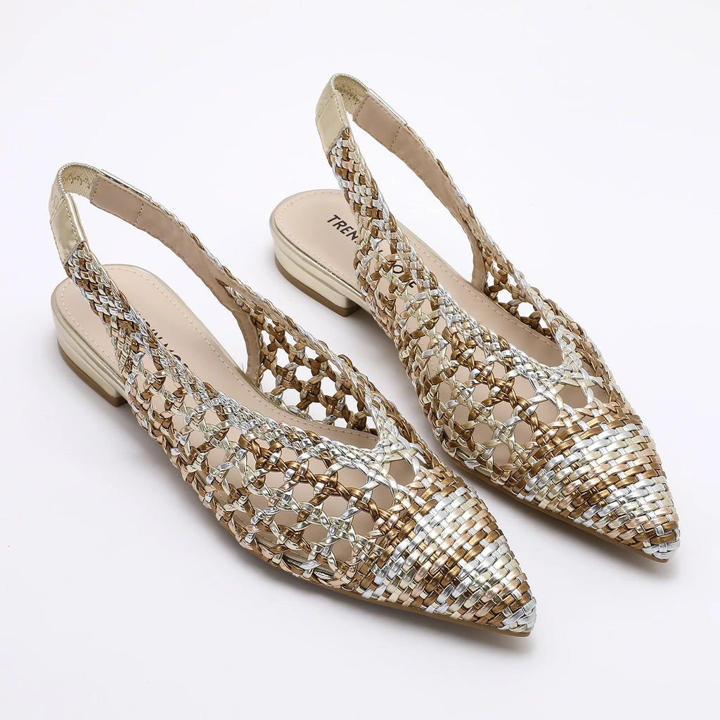Trendy Mode Women's Braided Pointed Toe Slingback Fashion Flat Bottom Elastic Backstrap Sandals (runs one size small)