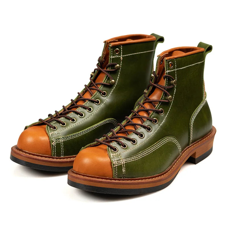 Men's Genuine Leather Motorcycle Boots - Handmade Goodyear Welted Round Toe Ankle Boots