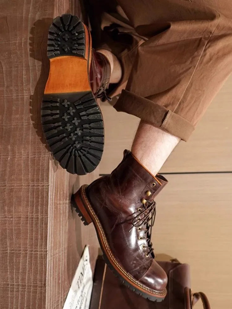 Men's Oil Wax Cowhide Leather Ankle Boots - Handmade Lace-Up Motorcycle British Style