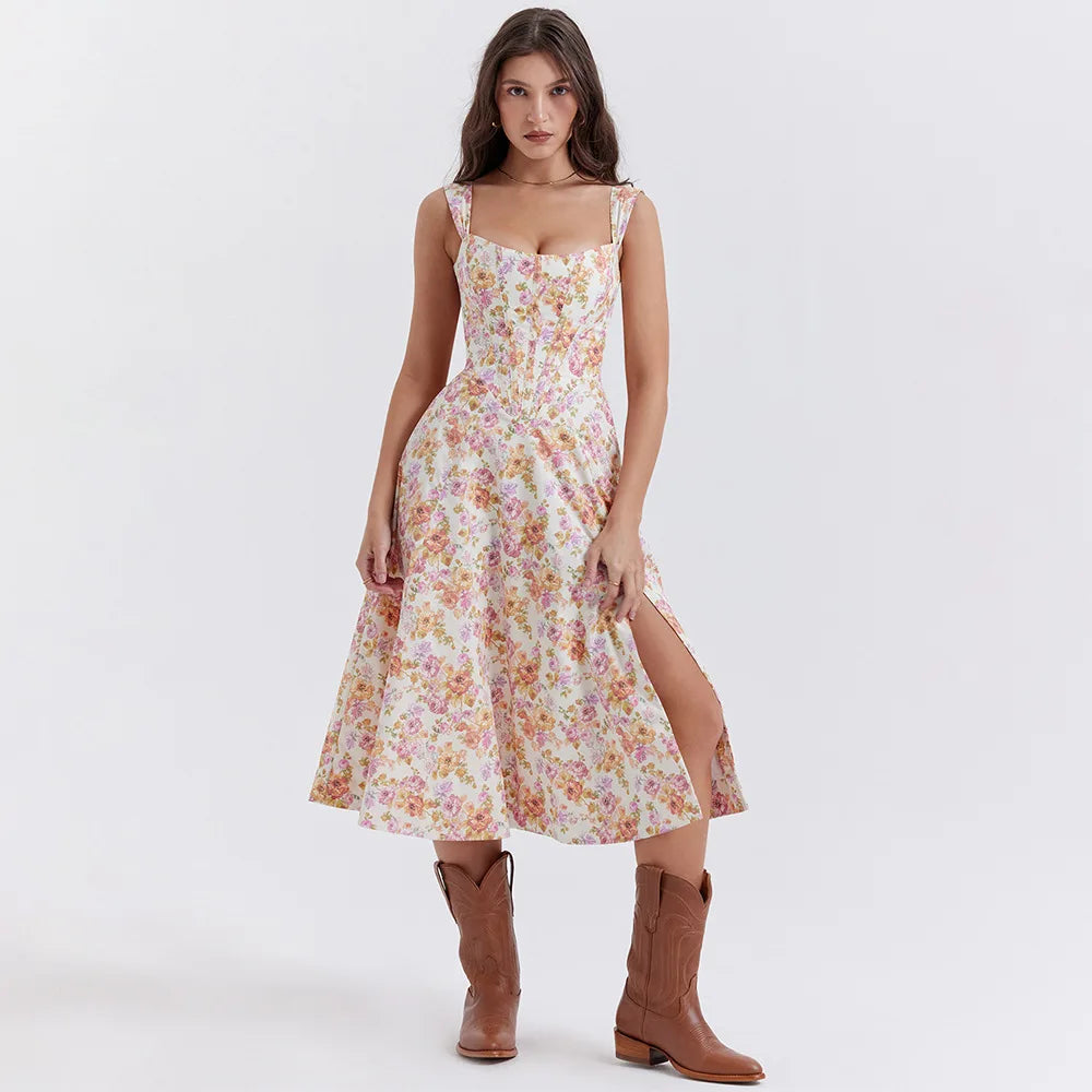 Vintage Floral Print Corset Midi Sun Dress Women's Pockets Dresses Female Bandage Sundress Red Green Blue Summer White Black New