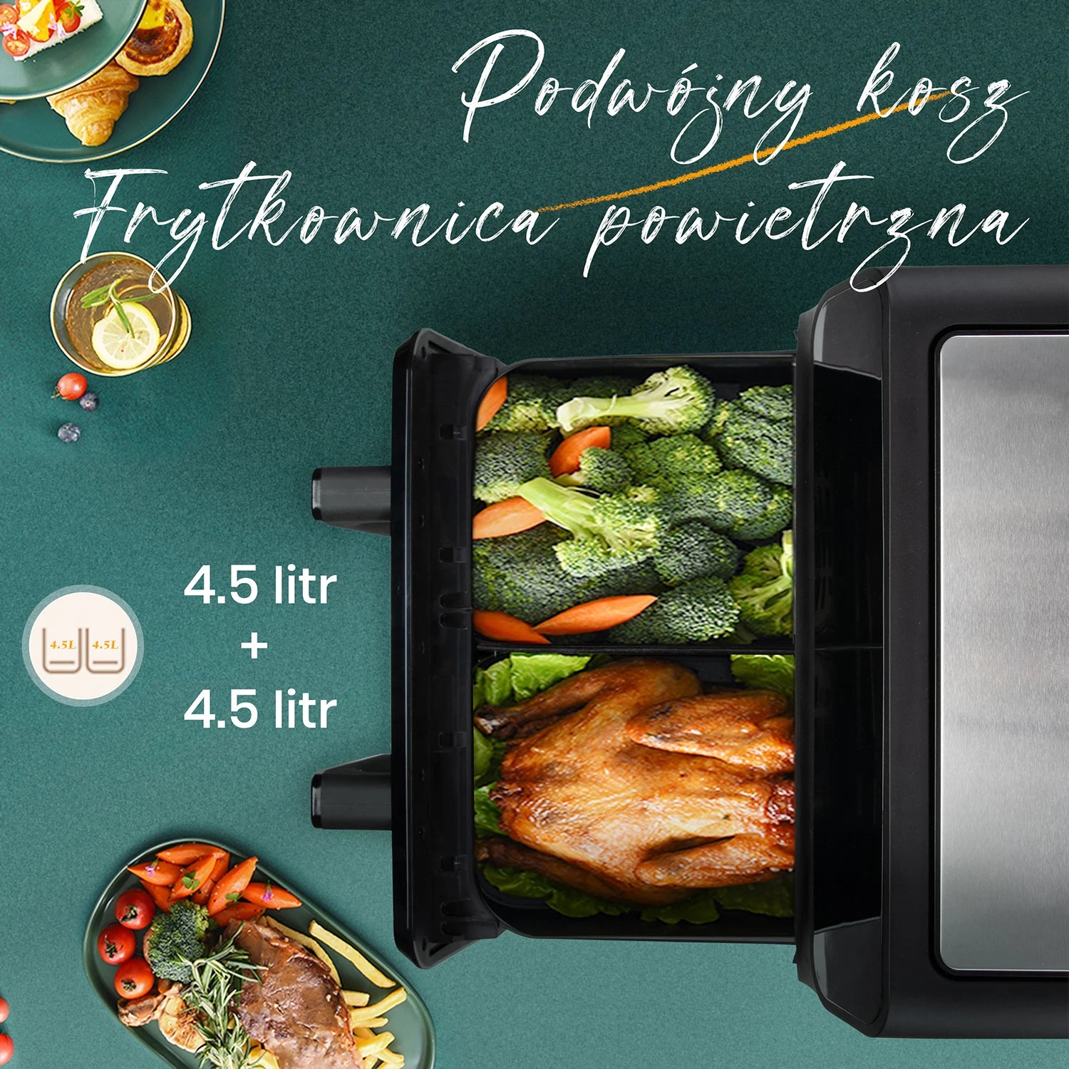 Sinaopus Air Fryer 9L XXL Dual Chamber - 2200W, LED Touch
