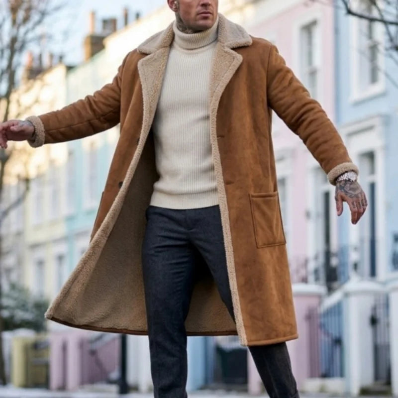 WINTER LONG FLEECE COAT - Men's Windproof Overcoat Turn-Down Collar Single Breasted England Style - Ginger / Burgundy / Black / Sky Blue
