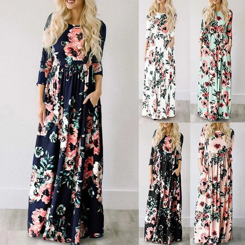 Summer Maxi Dress Women 2025 Pink Floral Print Boho Beach Dress Ladies Evening Party Long Dress Sundress Vestidos De Festa 3XL