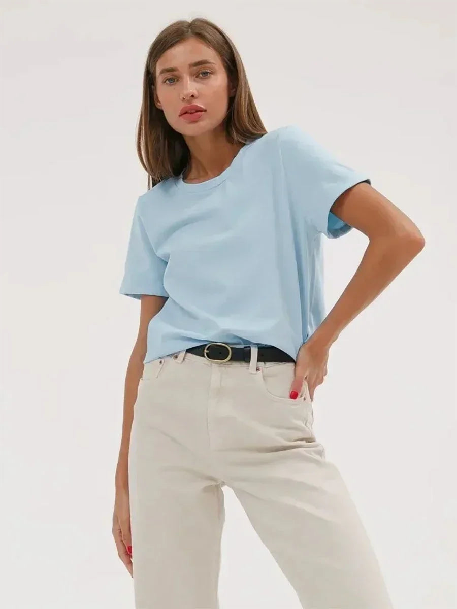 Bornladies Summer 100% Cotton Women's T-shirt Basic Fashionable Solid Lady Short Sleeve Loose Tops 230g/㎡