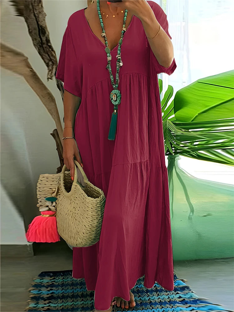 Plus Size 2025 Summer New V-neck Short Sleeve Pleated Solid Color Loose Casual Midi Dress Basic Hem Pleated