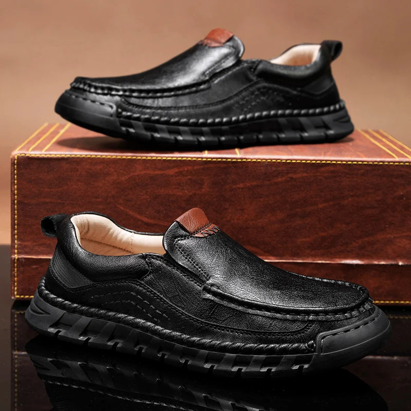 EASY GRAIN - Men's Handmade Split Leather Loafers - Flat Moccasins, Casual Comfort