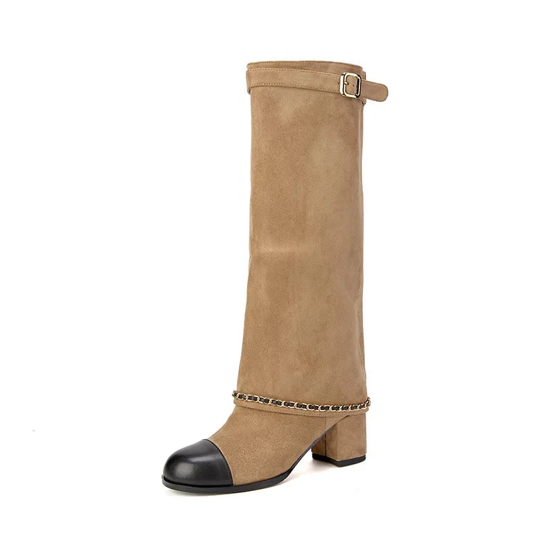 Suede Knee-High Boots – Turned-Over Edge Chunky Heel